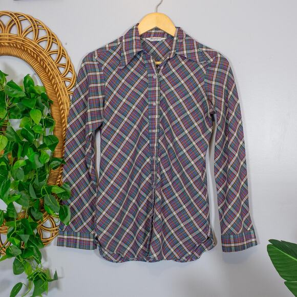 Wrangler Western Plaid Button Down Shirt Retro 70s Style Top | Dark Autumn - Picture 2 of 6